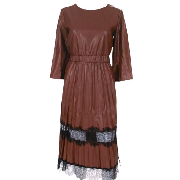 Mucha et Muchette NWT Dress Faux Leather Caramel Brown Black - Picture 14 of 14